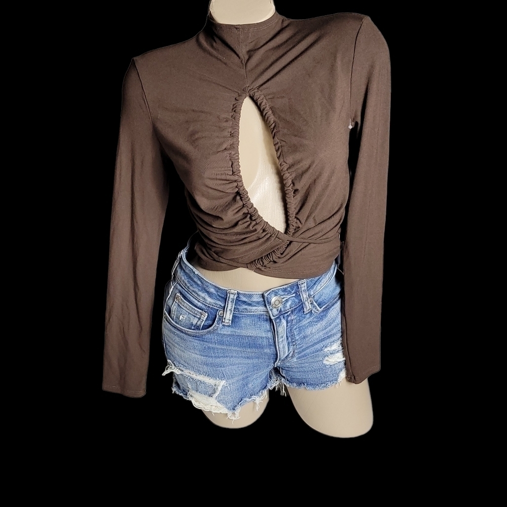 ASTR THE LABEL Reseda Long Sleeve Cutout Tie Waist Top in Brown M
